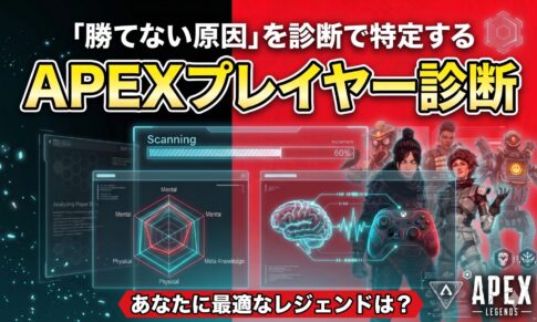 APEXシーズン28スプリット2対応、心理学と人間工学に基づく適正キャラ診断のイメージ画像。光る脳のシルエットとコントローラーを持つロボットの手が融合したサイバーパンクなデザイン。