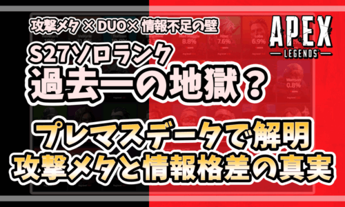 「Apex Legends シーズン27のソロランクが過去一の地獄と言われる理由を示すアイキャッチ画像。攻撃メタ、2パ問題、情報不足の壁をテーマにしたデザイン。」