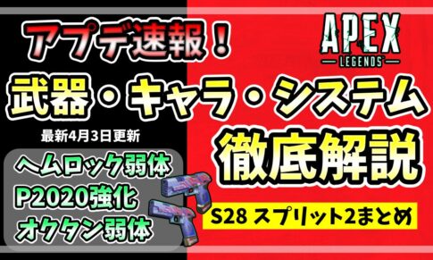 Apex Legends シーズン28 スプリット2（S28.2）の2026年4月3日配信パッチ内容をまとめたアイキャッチ。ヘムロック弱体化、P2020強化（アキンボ）、オクタン調整などの最新メタ変更を解説。