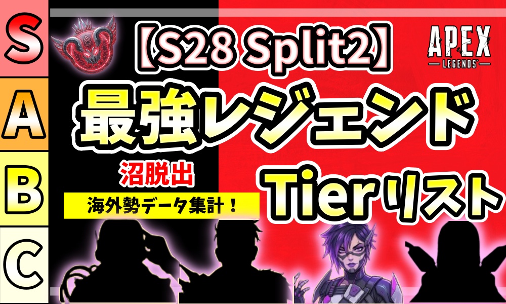Apex Legends シーズン28 スプリット2 最強キャラランキング（ティアリスト）のアイキャッチ画像。沼脱出・海外勢データ集計・プレデターバッジの文字。