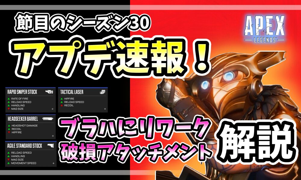 Apex Legendsシーズン30「マークド」のアップデート速報アイキャッチ。ブラッドハウンドのイラストと、破損アタッチメント4種類のステータス一覧