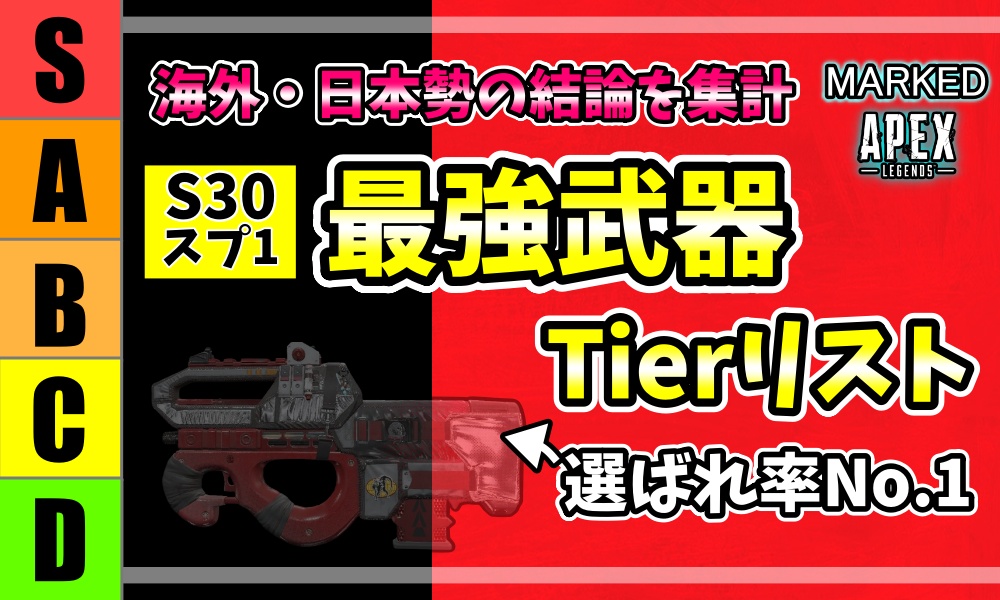APEXレジェンズ シーズン30マークド スプリット1 最強武器Tierリストのアイキャッチ画像、中距離と近距離それぞれの最強武器を紹介